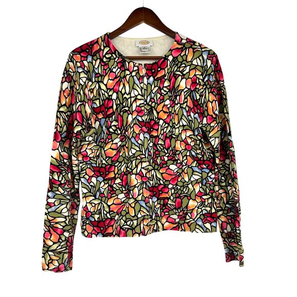 Vintage Talbots Cardigan Stained Glass Mosaic Floral Pattern Zip Front sz medium - Picture 1 of 8